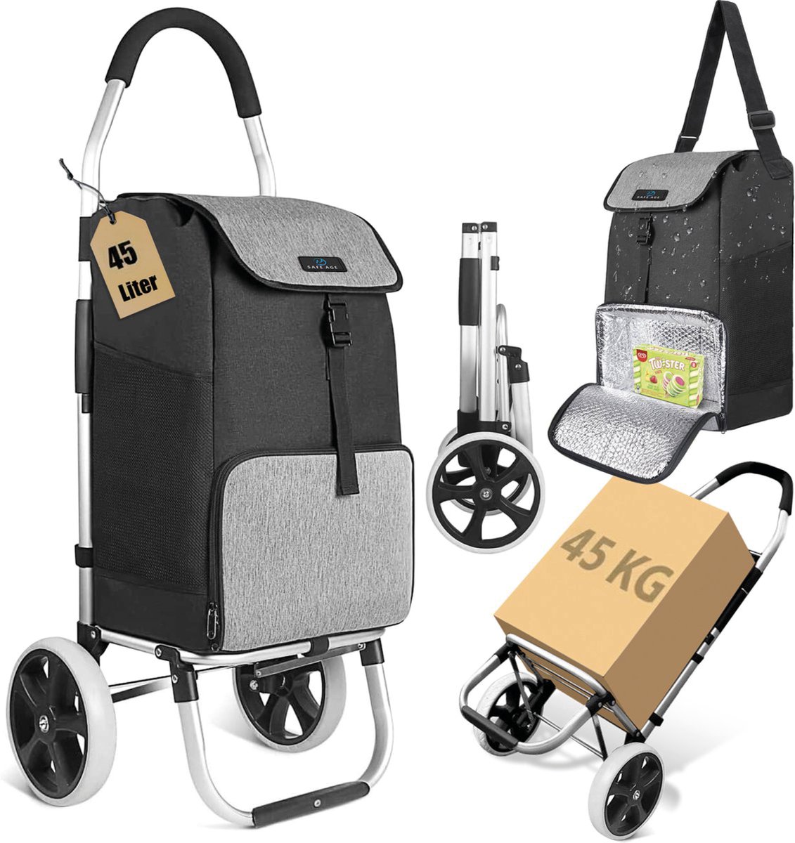 Bol.com Safe Age® Boodschappentrolley met koelvak en haak voor winkelwagen - 45L - boodschappenwagen - steekwagen functie - bood... aanbieding
