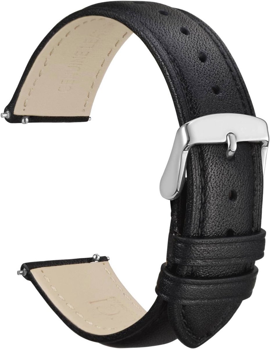 18mm Bloem Horlogeband voor Vrouwen - Echt Leer, Snelsluiting, Zilveren Gesp - Zwart