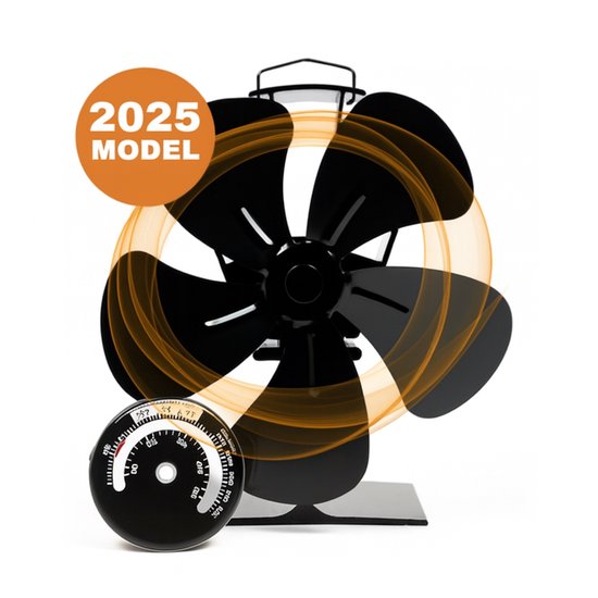 Kachelventilator, 2 stuks, zonder stroom met 6 vleugels, kachelventilator voor houtkachel, stille werking, haardventilator, warme luchtverdeler, met temperatuurweergave, efficiënte warmteverdeling