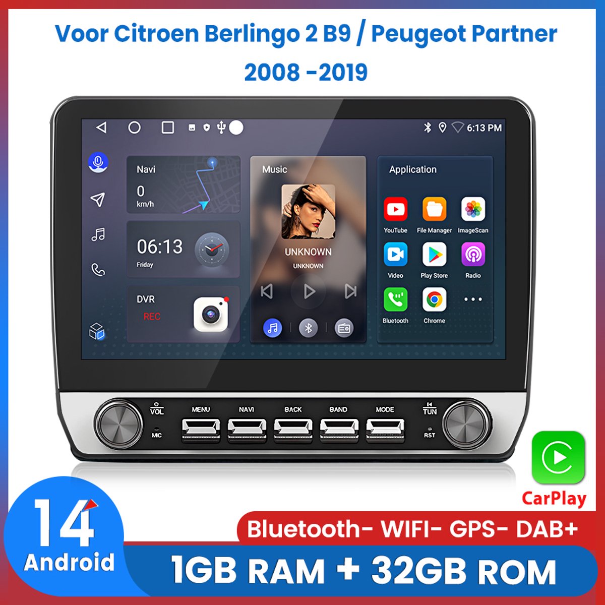 Awesafe 10.1 Inch Autoradio - Geschikt Voor Citroen Berlingo 2 B9 2008 t/m 2019 Voor Peugeot Partner 2008 t/m 2019 - Draadloos Apple CarPlay Android Auto - Ram 1GB + Rom 32GB - GPS Navigatie - Radio Scherm - Bluetooth & Wifi