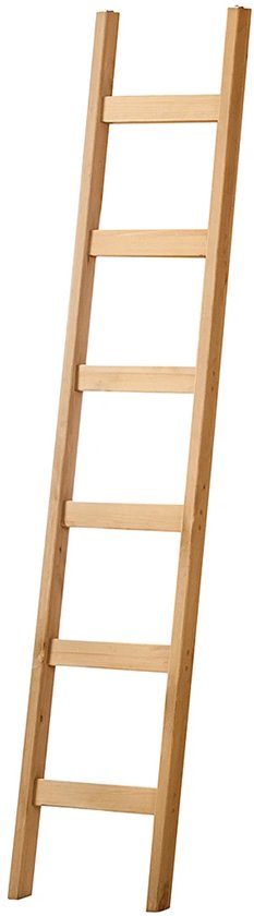Een schuine houten ladder met rechte palen en vijf rechte sporten.