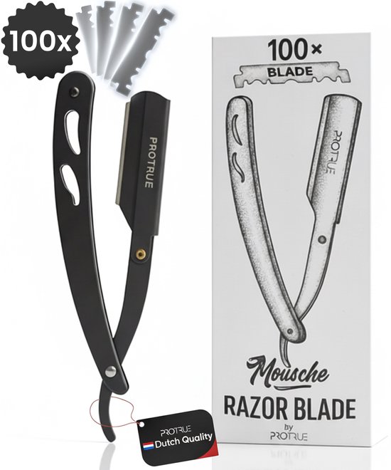 Rasoir droit noir, 100 lames et un emballage "PROTRUE Moustache Razor Blade".