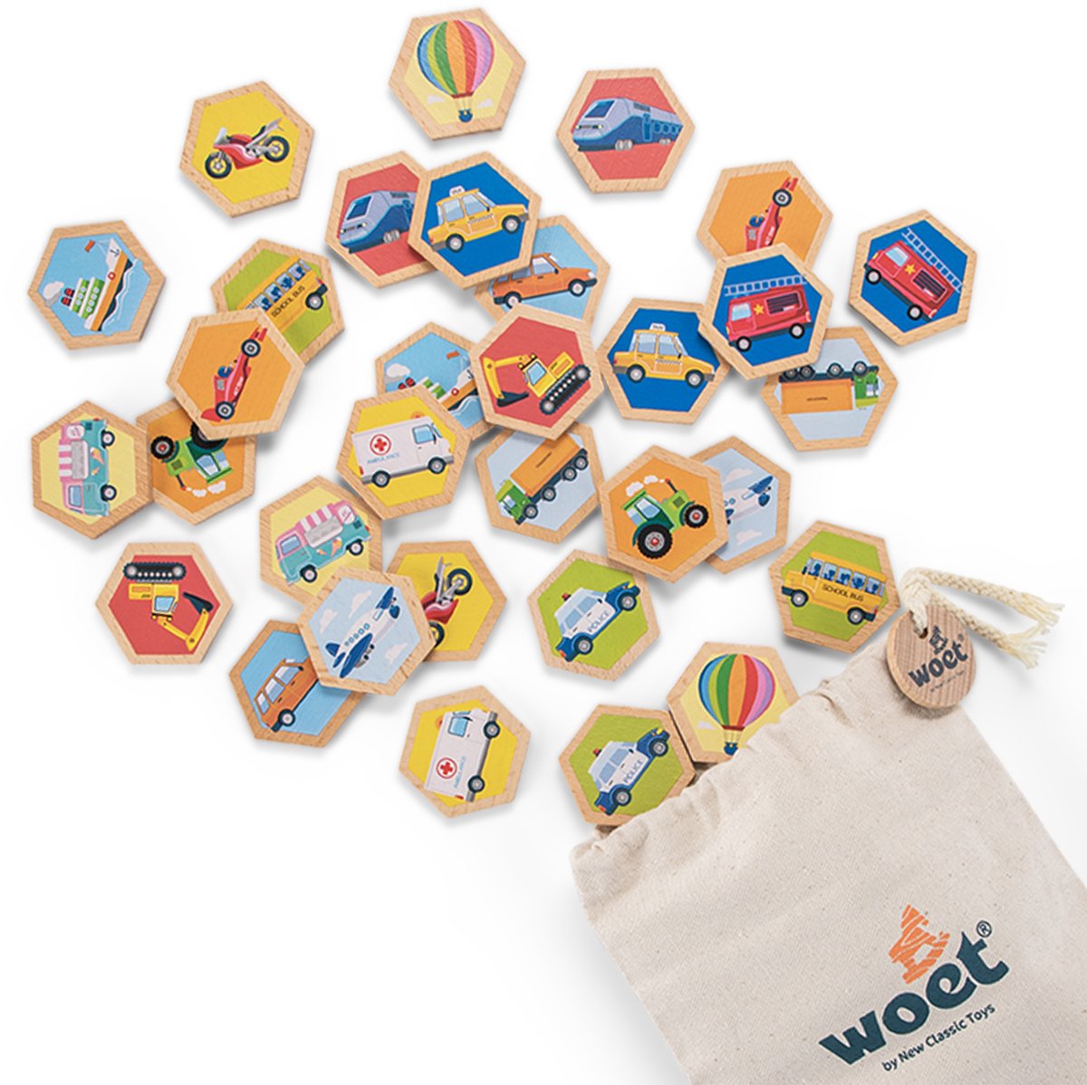 Woet® Houten Memory Spel met Voertuigen - Geheugenspel voor Kinderen - FSC - Inclusief Opbergzak - Educatief Speelgoed - Vanaf 2 Jaar