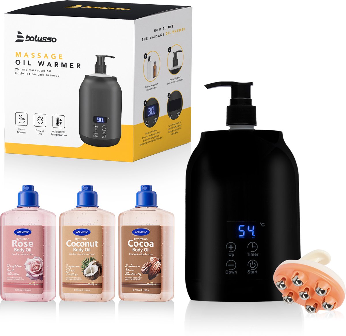 Bolusso Massage Olie Verwarmer - 3x Body Oil: Roos, Cacao, Kokosnoot - 2x Dispensers (250ml) - 1x Massage Tool - 30 Tot 65 Graden - Massageolie Verwarmer - Guasha - Erotische Massage - Voor Cremes, Body Oil En Lotions