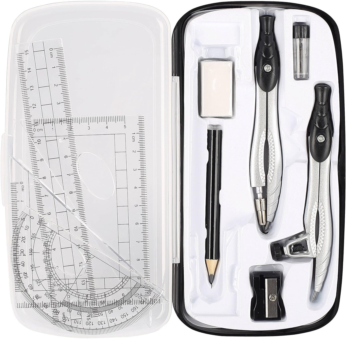 IMPERATORIS® Geometrie Set - Geodriehoeken & Passer Set - Schoolpasserset met Potloodvullingen, Gum, Linialen en Accessoire Voor Studenten - 6 delig