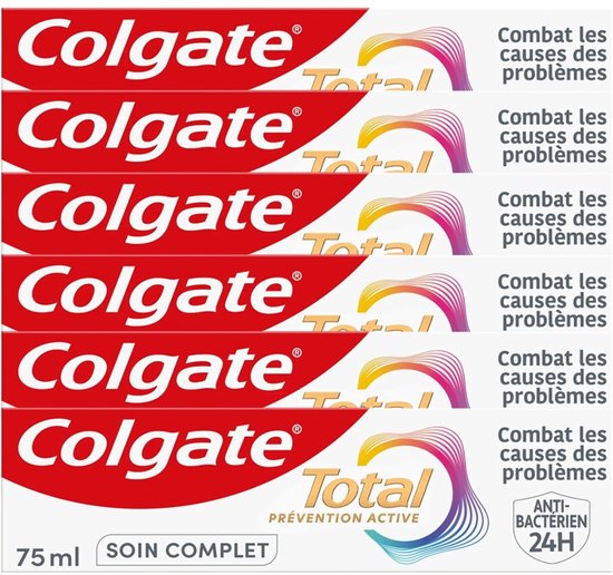 Dentifrice Colgate Total, 75 ml, tube rouge avec logo 'Total' et lignes ondulées.
