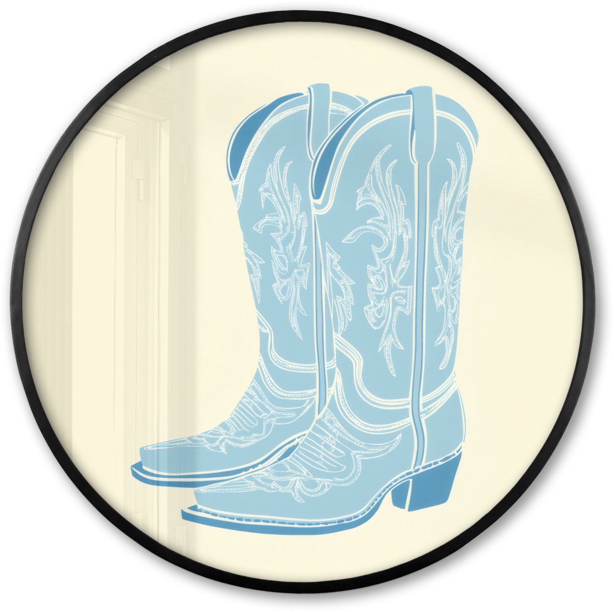 FrameYourWall Poster in lijst Rond - Fotolijst 80x80 cm - Posters - Illustratie - Cowboylaarzen - Patroon - Ronde posterlijst zwart - Decoratie - Wanddecoratie woonkamer - Muurdecoratie slaapkamer