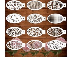 FA-VE Schmink Stencils – Set van 12 Ovale Sjablonen (14×7,5 cm) – Herbruikbare Facepaint & Knutsel Sjablonen – Dierenprint, Hartjes, Sterren & Patronen