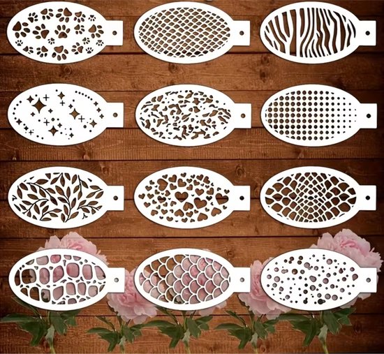 FA-VE Schmink Stencils – Set van 12 Ovale Sjablonen (14×7,5 cm) – Herbruikbare Facepaint & Knutsel Sjablonen – Dierenprint, Hartjes, Sterren & Patronen