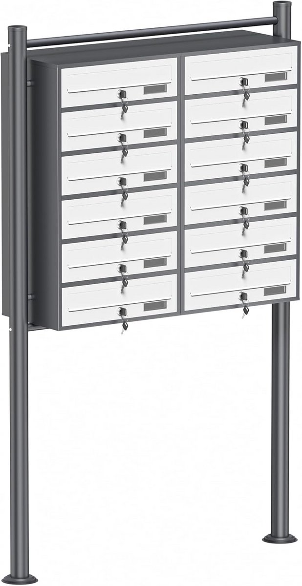 Mailbox systeem met 12 brievenbussen en standaardbasis, gepoedercoat in antraciet-wit