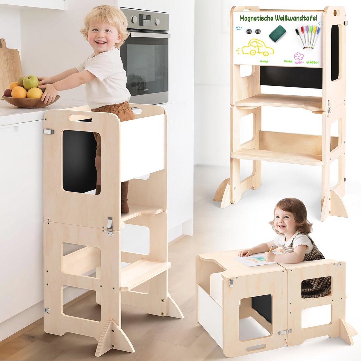 4-in-1 Leertoren Met Schoolbord en Whiteboard voor Kinderen van 1-3 Jaar – Inklapbare Leertoren