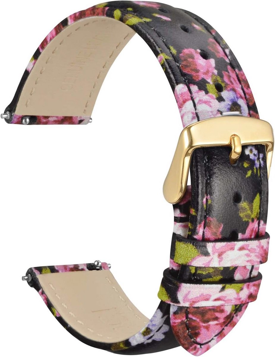 22mm Bloem Horlogeband voor Dames - Echt Leer, Snelsluiting, Gouden Gesp
