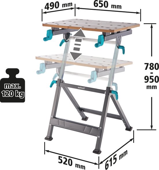 wolfcraft - MASTER 650 ERGO - Verstelbare Werkbank - Werktafel met bankschroef - Klemtafel Inklapbaar - Opvouwbaar - 10 JAAR GARANTIE - 6870000