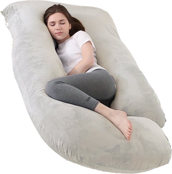 Earkings Zwangerschapskussen Zijslaapkussen 140x80cm G-vorm met Afneembare hoes - Body Pillow lichtgrijs