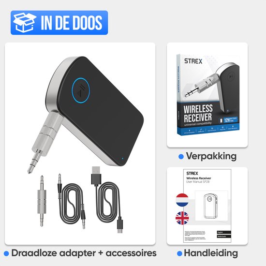Strex Bluetooth Receiver Auto AUX - 3.5mm Adapter met Handsfree Bellen - BT 5.4 - Bluetooth Ontvanger