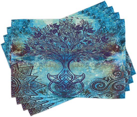 ABAKUHAUS sets de table ethniques – motifs d'arbres et de mandalas avec spirales, décoration de table en tissus teints résistants – idéal pour la salle à manger et la cuisine – turquoise-marron