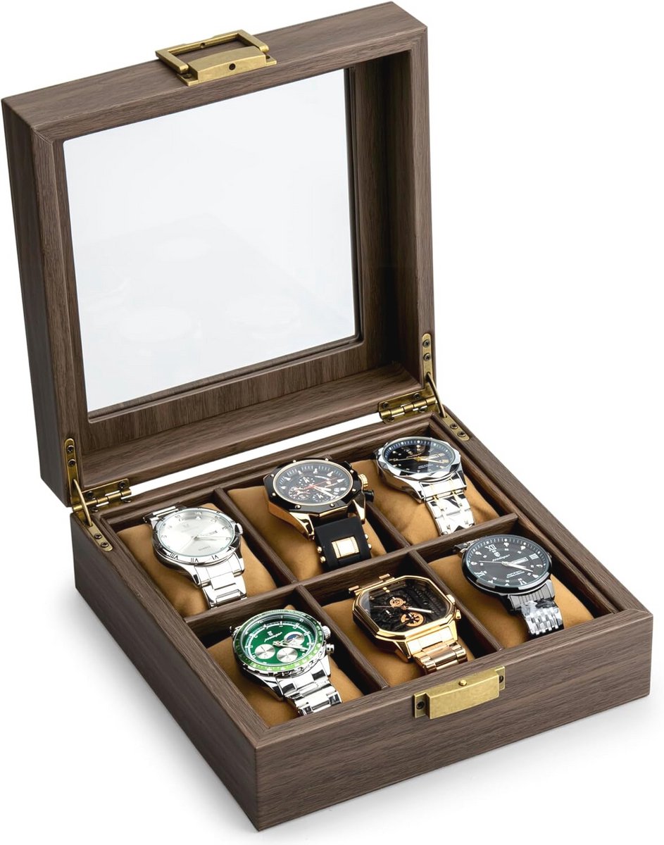 Massief Houten Horloge Box Organizer met Glas Top Display - 6 Slots voor Sieraden en Horloges