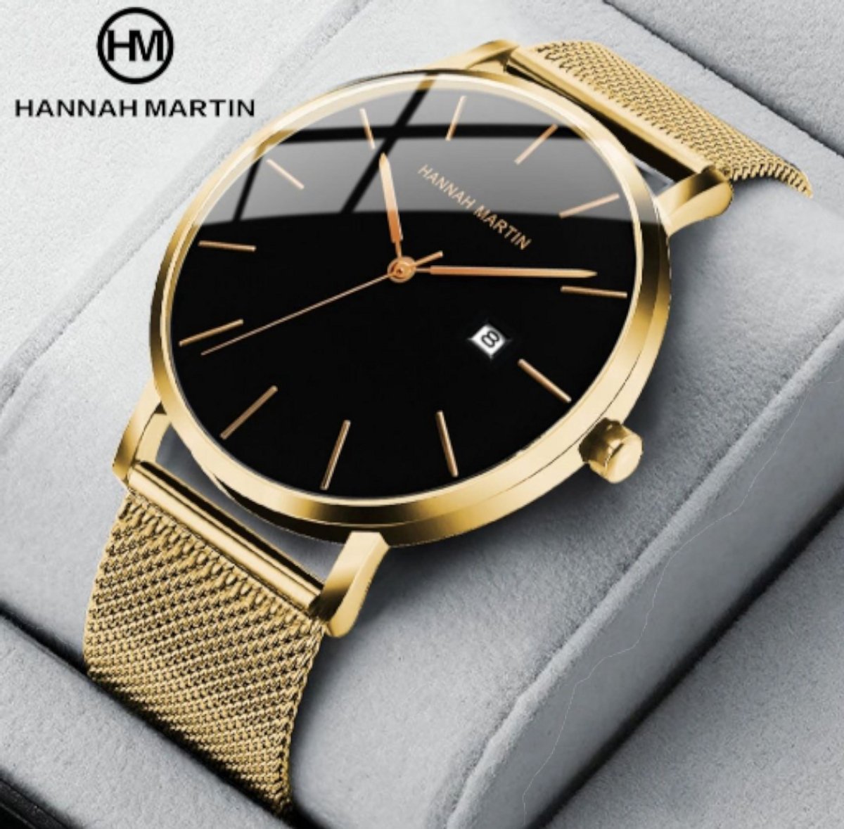 Hannah Martin HM-151 Herenhorloge - Zwart Wijzerplaat met Goudkleurige Mesh Band Luxe Minimalistisch Japans Quartz Uurwerk - Roestvrijstalen Mesh Band - 6 Elegante Kleuren - Tijdloos Design