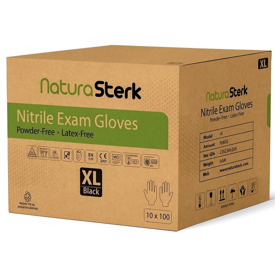 Gants jetables NaturaSterk - Gants en Nitril taille XL - 3,5 g - Paquet de 10 x 100 pièces - Sans poudre - Sans latex - Non stériles - Zwart