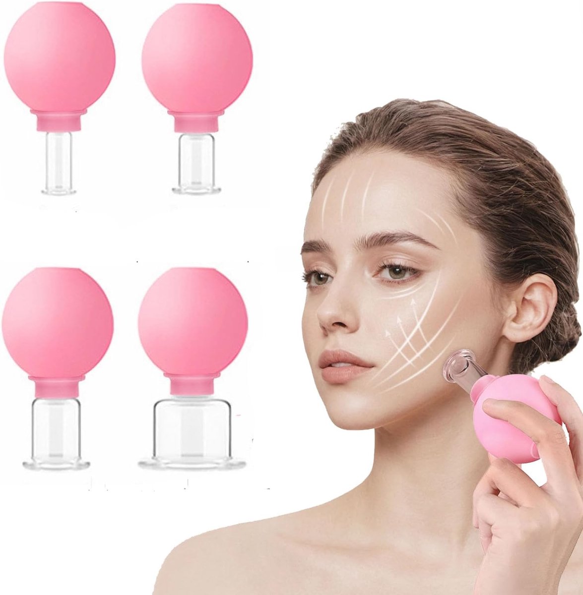 Pack van 4 Glazen Massage Cups met Siliconen Zuigbal - Cupping Glazen - Anti-Cellulite - Anti-Rimpel voor Ogen, Gezicht en Lichaam (Roze)