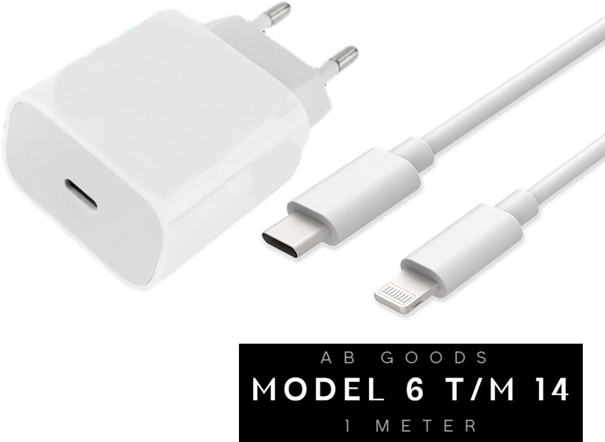 AB Goods Oplader Set - Adapter + Kabel 1M - 20W USB-C Snellader - 1M Kabel - Geschikt voor iPhone Oplader (6 t/m 14) - Compatibel als Oplader iPhone - Snellader voor Lightning Smartphone's