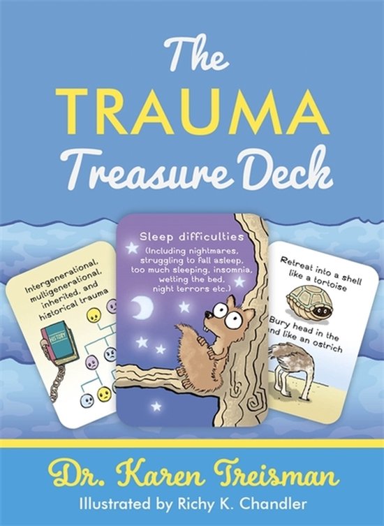 Boekhoes 'The Trauma Treasure Deck' met kaarten over slaapproblemen, intergenerationeel trauma en je terugtrekken als een schildpad of struisvogel.