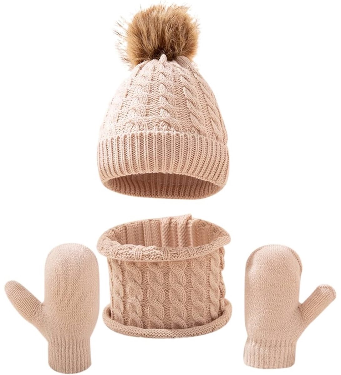 Ultiluxe® 3-delige winter set voor kinderen - 0 - 2 jaar - Muts met pom pom, wanten, sjaal - Muts met winter handschoenen en warme ronde sjaal - Winterset - Beige