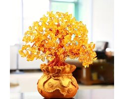 Geldboom met Citrien Kristallen – 18 cm – Gouden Feng Shui Gelukboom – Decoratie voor Welvaart, Geluk & Energie – Cadeau voor Thuis of Kantoor