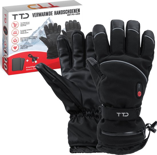 Zwarte, verwarmde handschoenen met PU-leren details, reflecterende strips en verstelbare polsband. Doos met productinformatie.