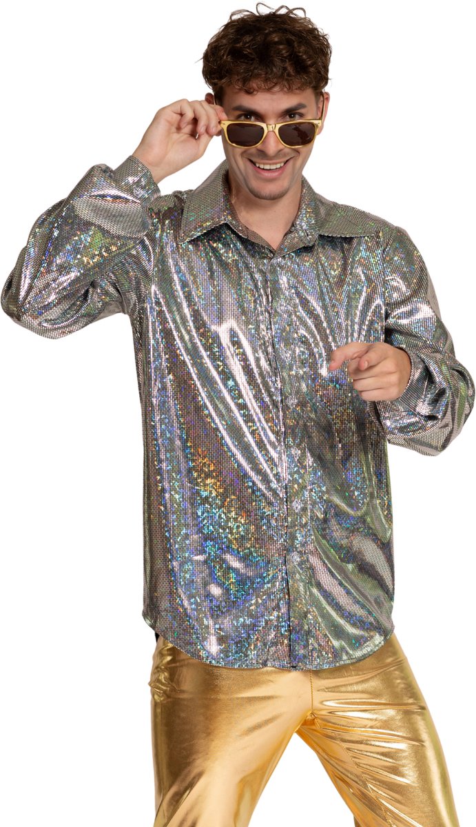 Partychimp Shiny Disco Shirt Zilver voor Heren Carnavalskleding Foute Party Verkleedkleding Volwassenen Heren Toppers 2026- Disco- Shiny- Polyester - 3XL