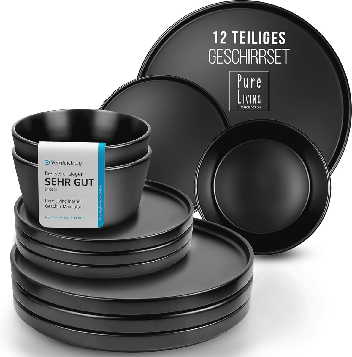 Matte Zwart Servies Set voor 4 Personen - 12 Delig, Steengoed, Magnetronbestendig