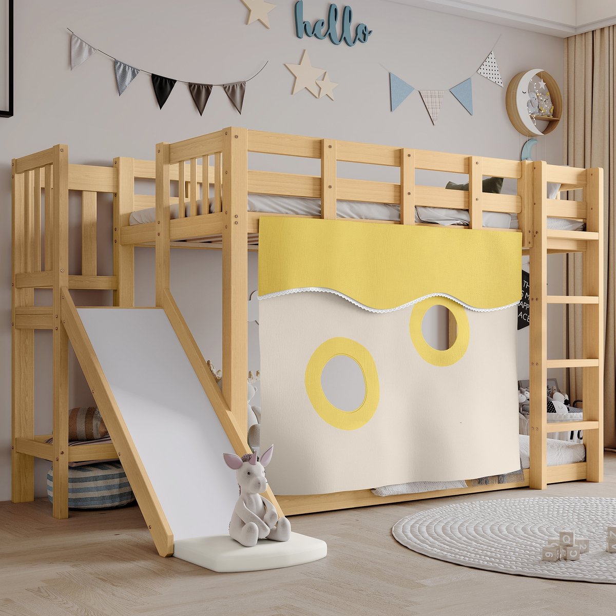 Sweiko Stapelbed - 90x200cm - Met gordijn - Glijbaan - Kinderbed - MDF + Grenenhout - Natuurlijke