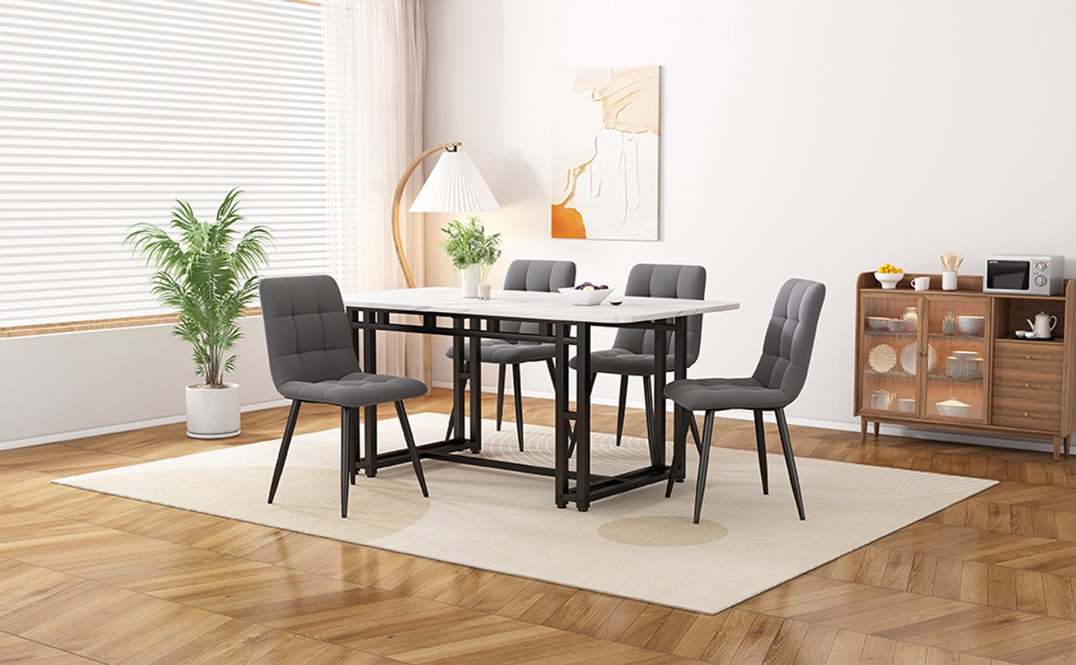 REDOM Eettafel 120x70 cm van MDF met zwarte metalen poten, modern licht luxe ontwerp, zwart/wit