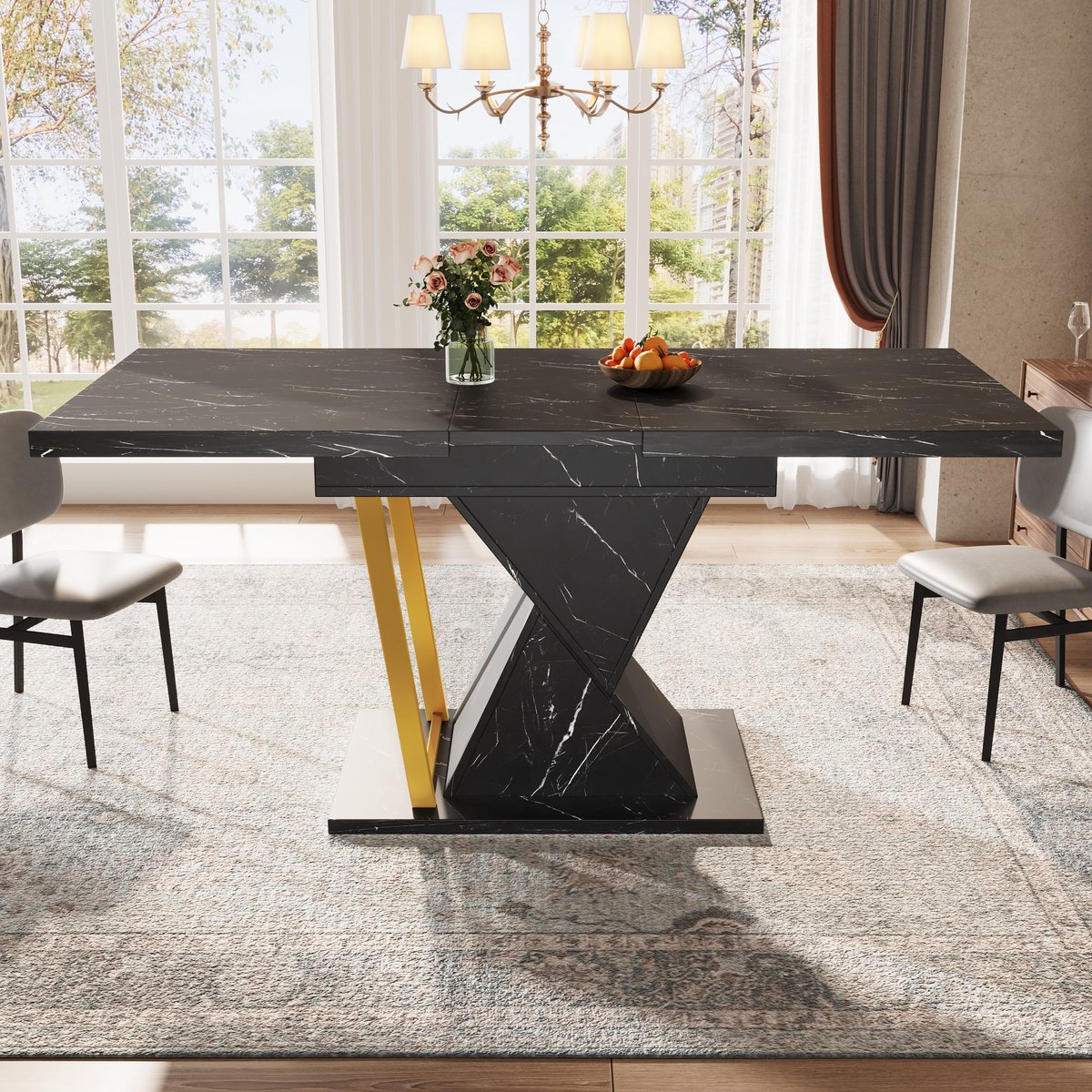 Sweiko Eettafel - Uitschuifbaar 140 cm - Marmerlook - Geschikt voor 6 personen - Zwart