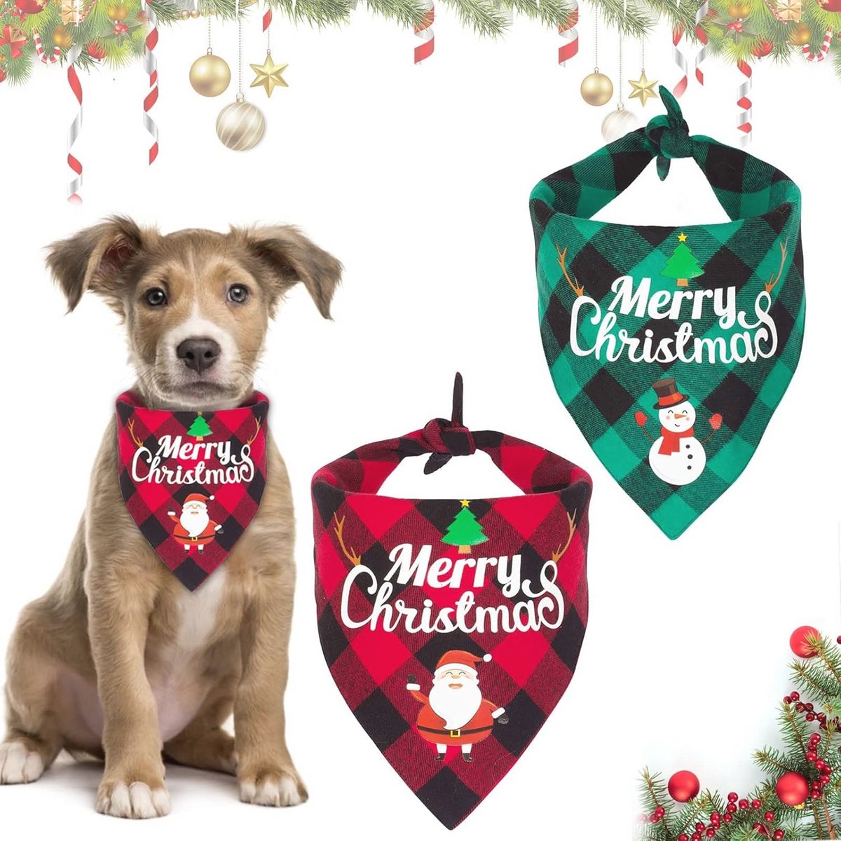 Kerstbandana voor Honden - Set van 2 Dubbelzijdige Sjaals met Kerst Print en Roestpatroon