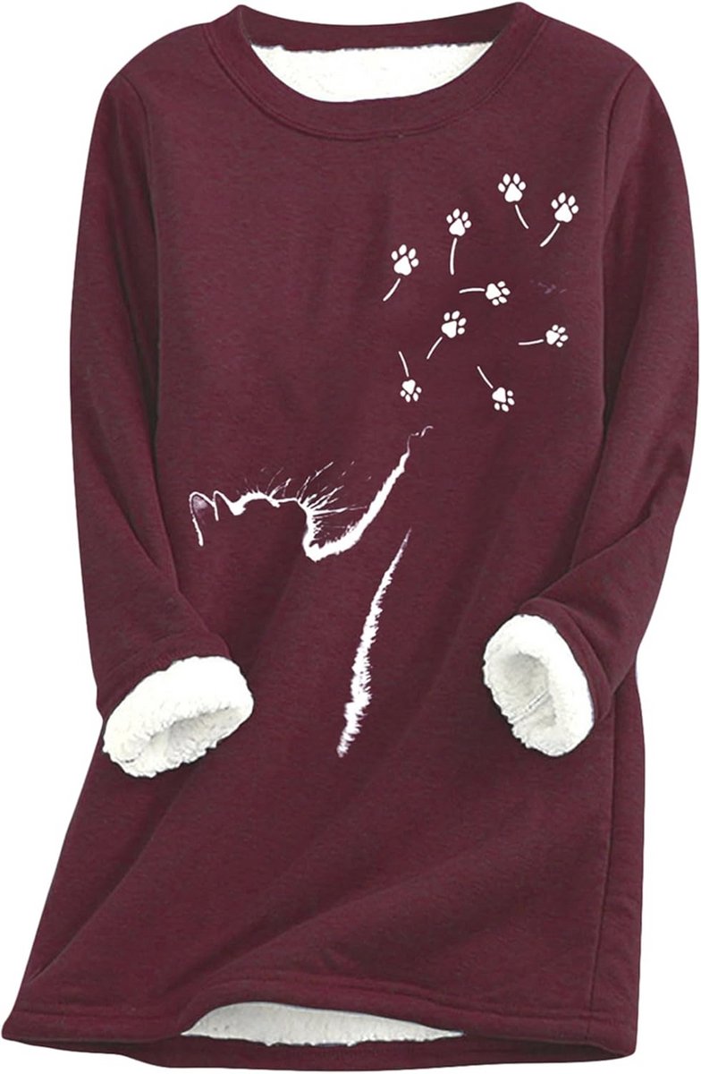 Wintertrui Dames Fleece Ronde Hals met Kattenpatroon