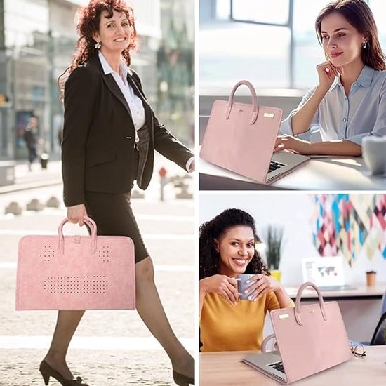 Collage met een zakenvrouw met roze laptoptas, een vrouw aan het werk met laptop en roze tas, en een vrouw met koffie en roze tas.