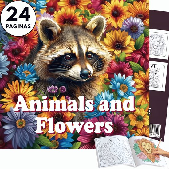 Kleurboek 'Animals and Flowers' met wasbeer in kleurrijke bloemen, 24 pagina's.