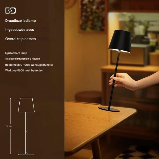 GELLDG Dimbare LED oplaadbare bureaulamp - 2-pack - Touch Control draadloze bureaulamp - met USB-C-poort - Metalen LED oplaadbare batterij - Geschikt voor binnen- en buitengebruik - IJzeren schelp - IP44 waterdicht - 5600 mAh - 5 W - Zwart — afbeelding 3