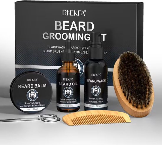 RNEKFA Nina's Giftshop Baardset – 6-delige Baardverzorging Set met Olie, Balsem, Kam & Schaar – Cadeau voor Mannen – Kerst, Vaderdag & Valentijn