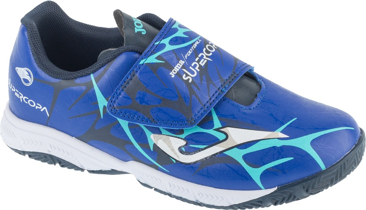 Blauwe Joma Super Copa Jr 25 SCJW INV indoorschoenen voor jongens, maat 30, met klittenbandsluiting en synthetisch leder.