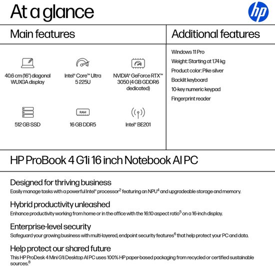 HP ProBook 4 G1i AI PC - Laptop - 16 inch - WUXGA - Intel Core Ultra 5 225U - 16GB DDR5 - 512GB SSD - Wi‑Fi 7 - Windows 11 Pro - Zilver