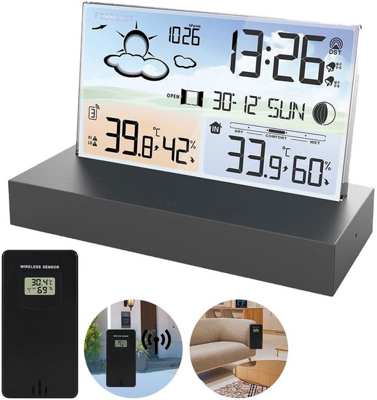 Namajunas - Weerstation draadloos binnen buiten - met buitensensor - Hygrometer - Thermometer - LCD-display digitale weerstation met dubbele wekker/datum/tijd/temperatuur/luchtvochtigheid/alarm/barometer/weersvoorspelling