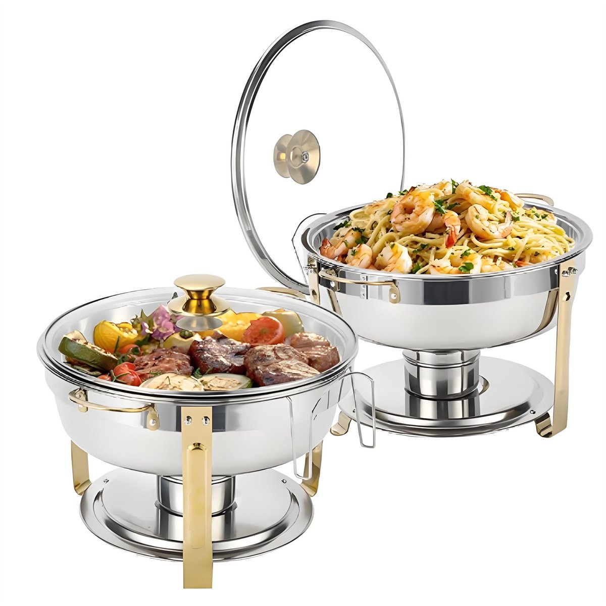 Set van 2 Gouden Chafing Dishes – 4,7L Ronde Buffetwarmers met Glasdeksel – Roestvrij Staal, Stapelbaar, met Dekselhouder – Ideaal voor Feesten & Bruiloften