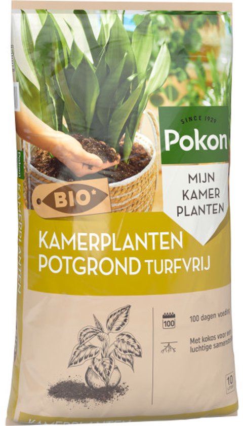 Zak Pokon BIO Kamerplanten potgrond, turfvrij, met 100 dagen voeding en kokos.