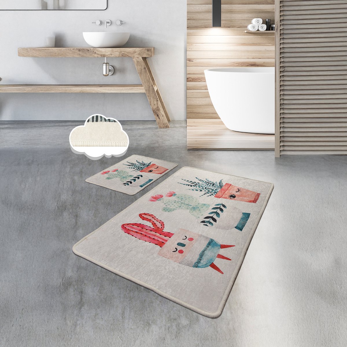 Bosdela Happy Cactus 2-delige Wasbare, zachte en comfortabele badmatten, toiletmatten en badkleden zijn ideaal voor de badkamer en het toilet 60x100 cm + 50x60 cm