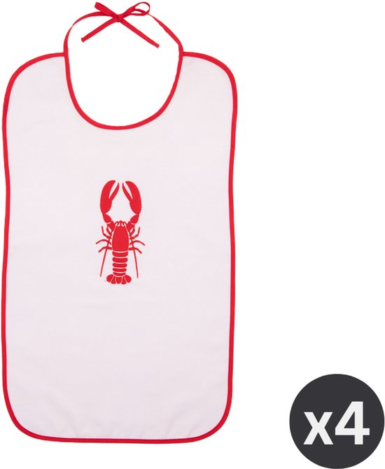 Tiseco Home Studio - Bavoir HOMARD - SET/4 - Polycoton - rubans longs - taille XXL - dessin brodé - 44x73 cm - rouge/blanc
