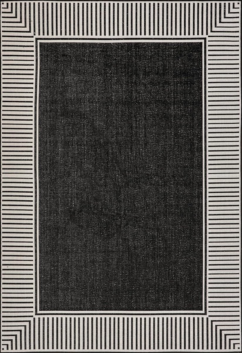 Buitenkleed van 1,22 x 1,82 m met een nonchalante gestreepte rand, vlekbestendig en duurzaam, geschikt voor terrassen, balkons, slaapkamers, woonkamers, eetkamers en badkamers. Zwart.