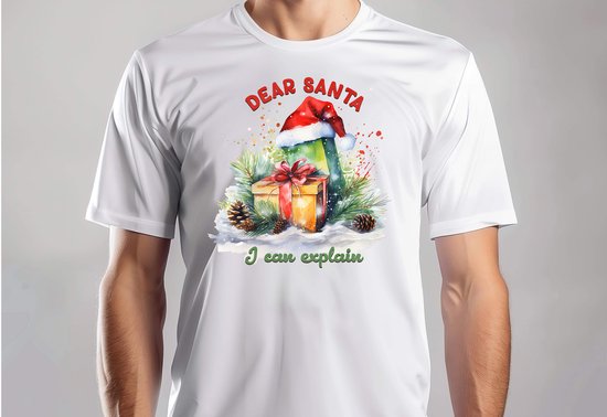 Wit T-shirt met kerstprint: een geschenk met kerstmuts en de tekst Dear Santa I can explain.