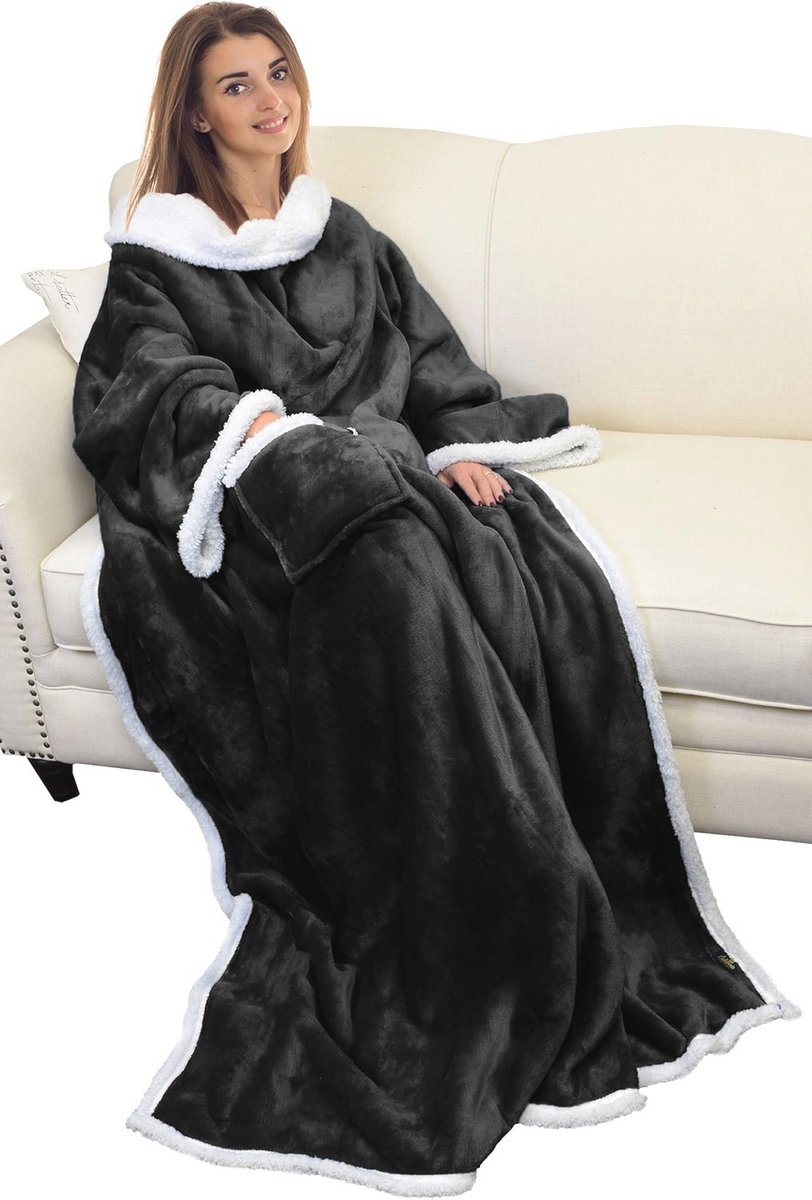 Stijlvolle platinakleurige deken met mouwen en zakken - 185 x 140 cm, warme micropluche fleece
